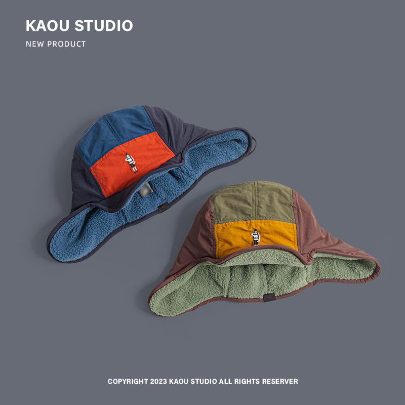 Retro Color Matching Versatile Bomber Hat for Men and Women Winter Fleece Warm Ear Protection Fashion Strap Pilot Cap