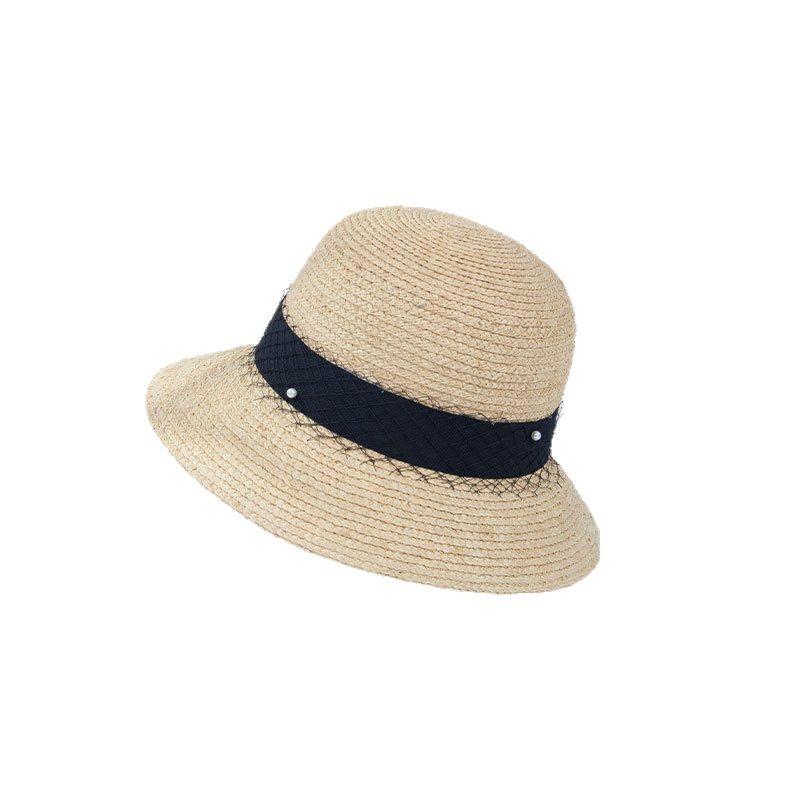 New Summer Rafia Fisherman Hat Pearl Mesh Webbing Beach Vacation Sun Protection Sunbath Hat