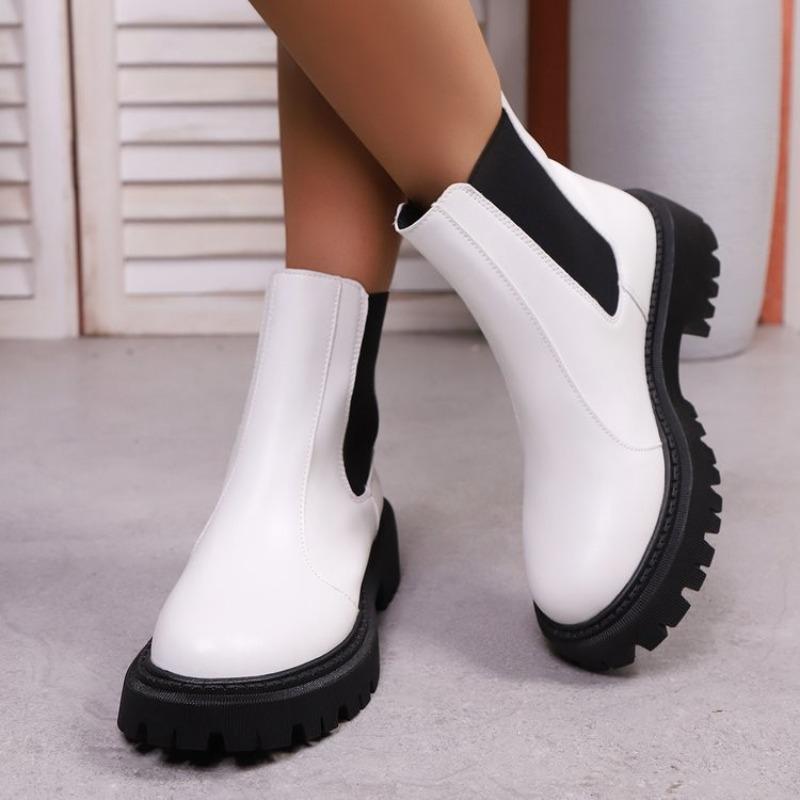 Women Medium Size Round Toe Block Heel Leather Boots Autumn New Solid Color British Style