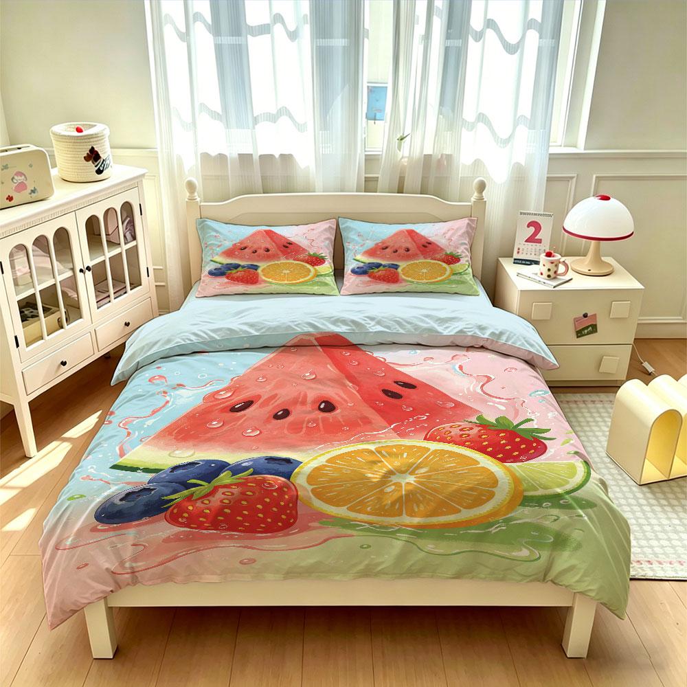 3-teiliges Sommer-Wassermelonen-Fruchtmuster Kernloses Bettbezug-Set Mehrere Größen Weiche Bequeme Bettwäsche Dekoration Maschinenwaschbar