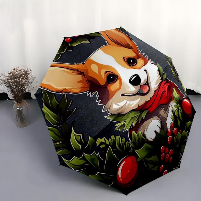 1pc Christmas Corgi Wreath Umbrella with Plastic Handle,Suitable for All Seasons Home Travel Outdoor UmbrellaDD224
