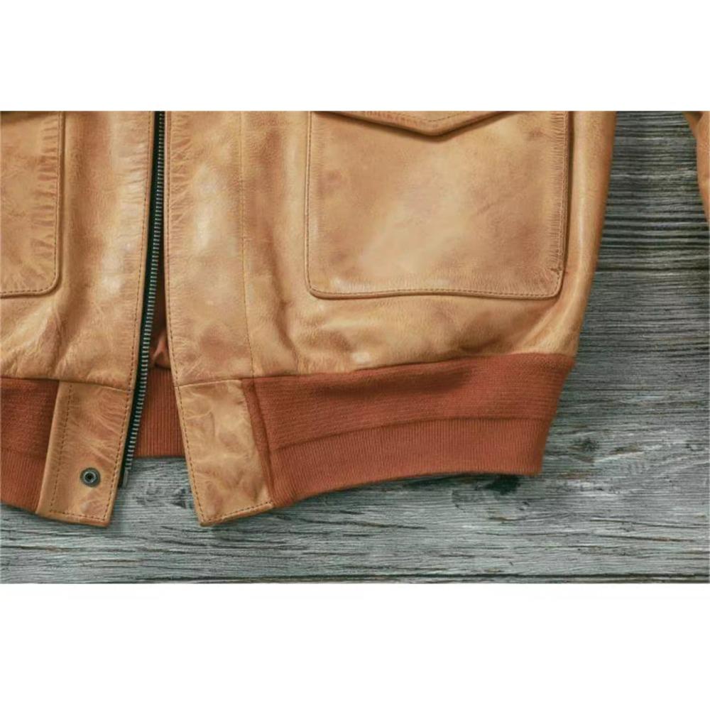 Čínská velikost Klasická letecká bunda A2 Pilotní bunda Vintage Špinavě žlutá Voskovaná hovězí kůže Bunda z pravé kůže Muži Letecké bundy Pánské kabáty