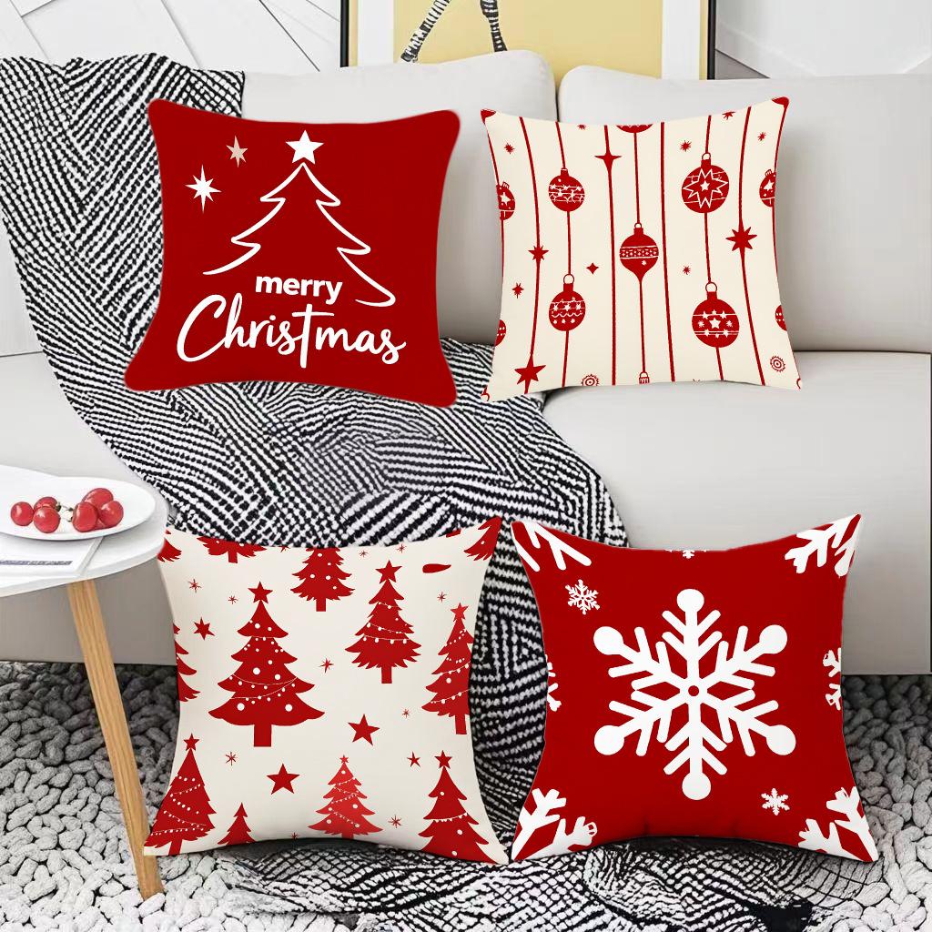 4pcs Holiday Printed Christmas Tree Snowflake Element Bedroom Study Home Decoration Cushion Pillow Cover