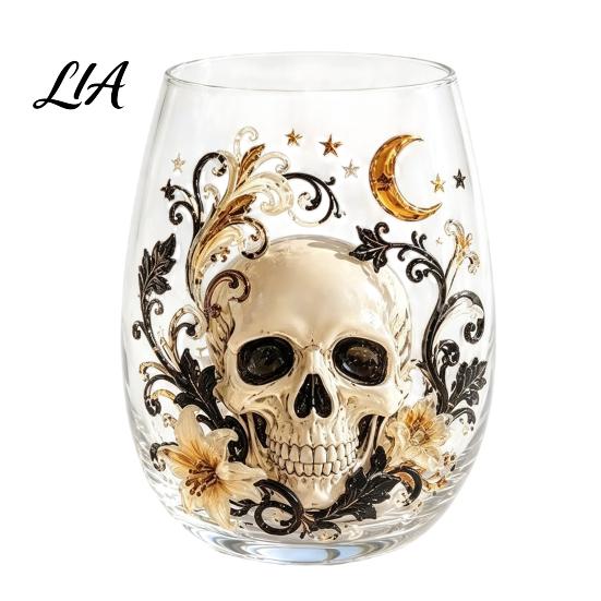 Skull Design Decorative Cup Halloween Artisan Glassware, Bat/Wizard Hat/Scarecrow/Crow Hand Painted Goblet, 420ml Crow Motif Gothic Glassware