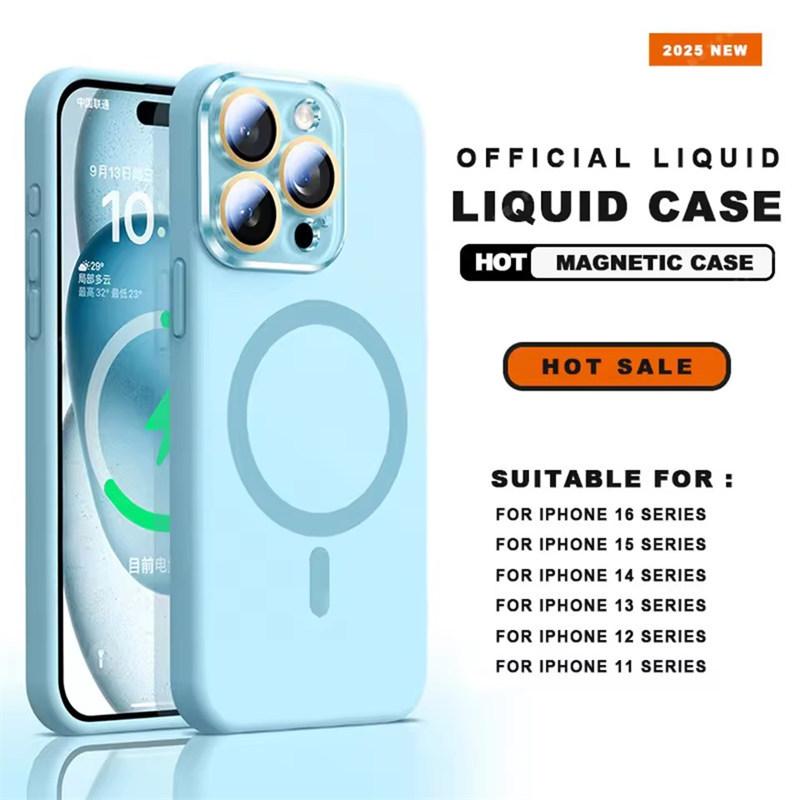 

Магнитные чехлы из жидкого силикона для iPhone17 16 15 13 12 Pro Max для зарядки Magsafe, чехол с защитой камеры из стекла iPhone 13 Pro синий