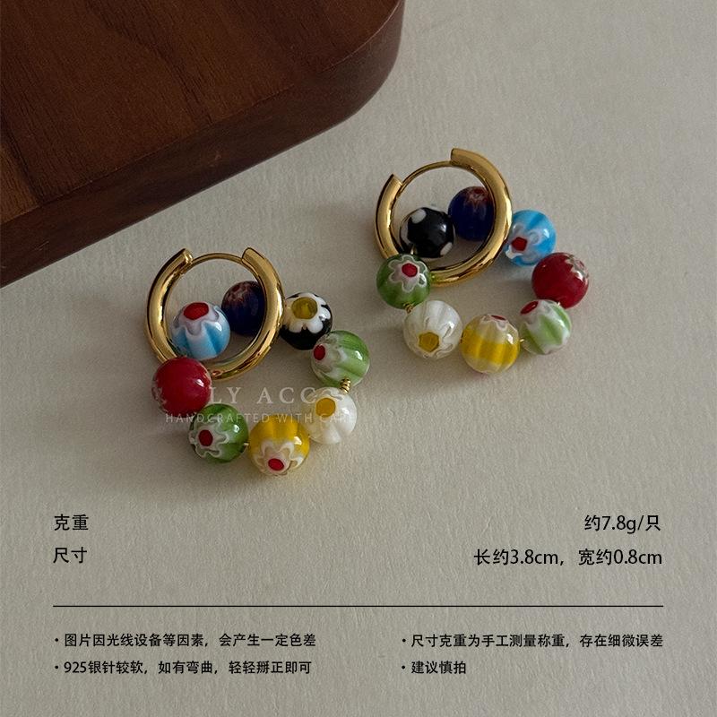 Colorful Flower Glazed Bead Gold Earrings Niche Retro Lively Atmosphere Sweet Cool Girl Colored Fashion Earrings
