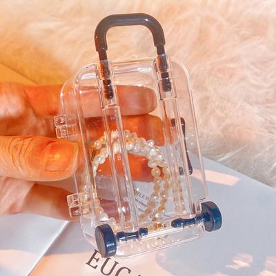 Earrings Storage Box Mini Trolley Case Shape with Mini Wheels Transparent Hairpins Necklaces Rings Organizer Pendant Organization Case Candy