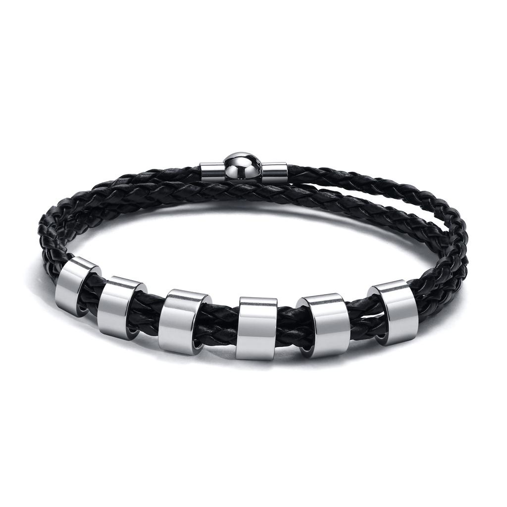 Vnox Free Custom Name Mens Braided Genuine Leather Bracelet Gifts Jewelry,Stainless Steel Beads Charm with Family Names,Dad Gift