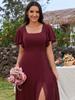 Ever-Pretty Women's U-Neck Backless Frenulum Knotting Short Sleeves High Slit A-Line Bridesmaid Dress Chiffon Evening Dresses