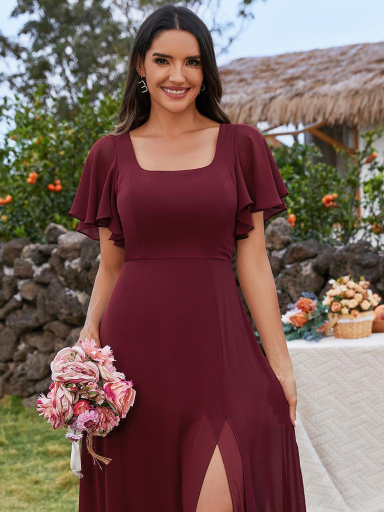 Ever-Pretty Women's U-Neck Backless Frenulum Knotting Short Sleeves High Slit A-Line Bridesmaid Dress Chiffon Evening Dresses