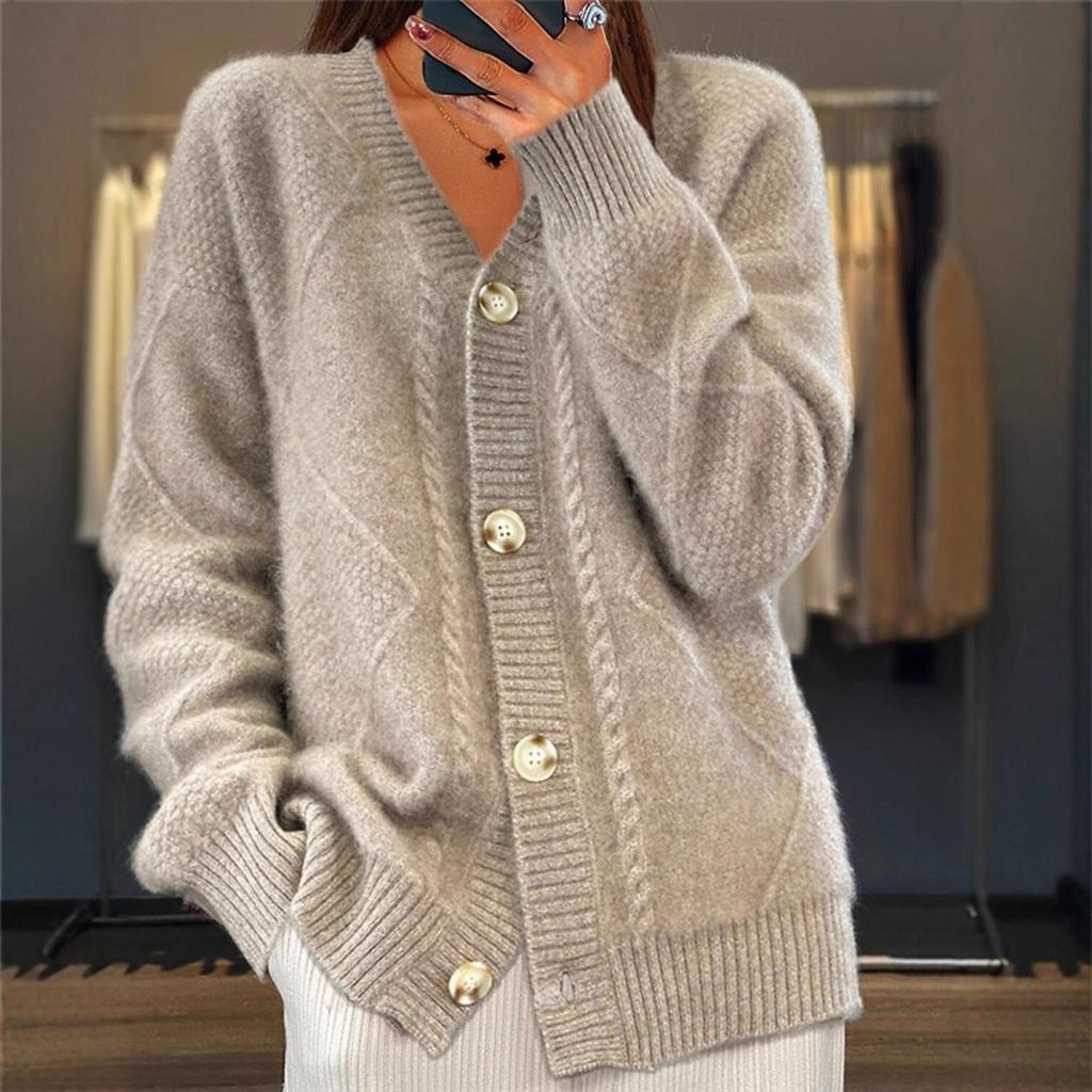 2025 Fall/Winter Women's V-Neck Long Sleeve Jacquard Knit Cardigan Sweater
