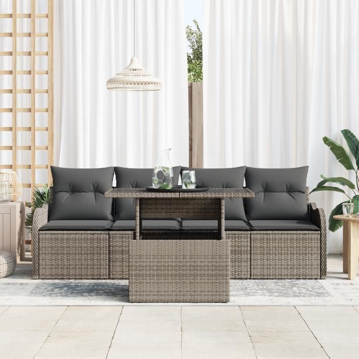 Ensemble de Canapé de Jardin 5 pièces avec Coussins Gris Poly Rattan, Canapé de Jardin 2 places avec Rangement et Coussins 3357102