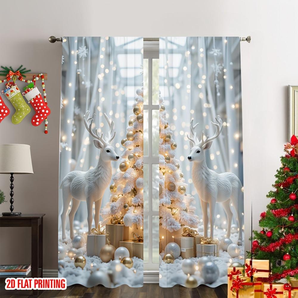 

2pcs Sheer Christmas Curtains – Reindeer and Tree Design for Living Room Bedroom and Holiday Home Decor 100*130 HOOK 1pcs