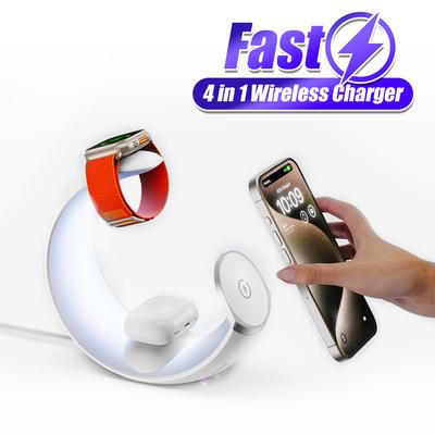 Stacja dokująca 4 w 1 Magnetyczna Bezprzewodowa Ładowarka Uchwyt QC3.0 PD z Lampką Biurkową RGB Bezprzewodowa Stacja Ładująca 15W dla iPhone AirPods IWatch