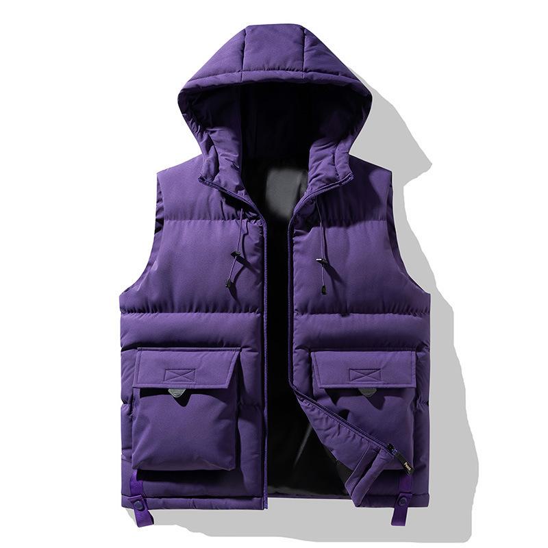 Men's Winter Trend Wear Loose Thick Down Cotton Clip Multi-pocket Solid Color Casual Hooded Vest Coat