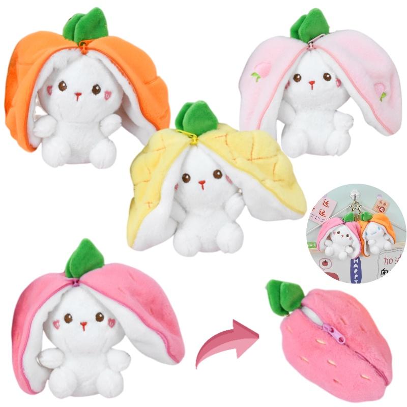 Schattig Aardbeien Konijn Pluche Speelgoed Sleutelhanger Fruit Transformatie Pop Tas Hanger