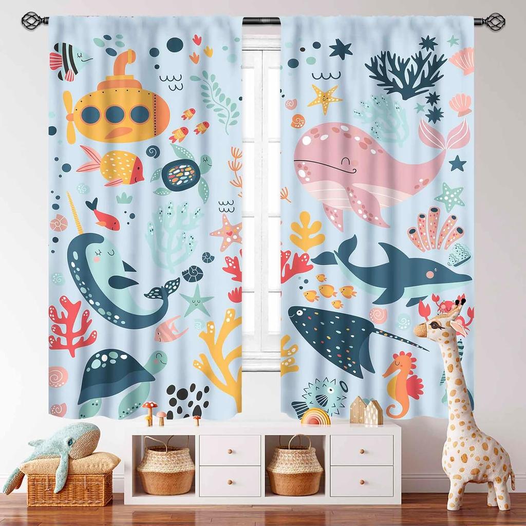 Blue Curtains Kids Room Cartoon Underwater Animals Sharks Turtles Nature Marine Plants Window Drapery Treatments Curtain Polyester Washable Children's