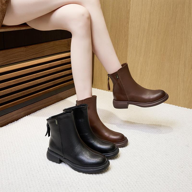 Women's boots 2026 Spring and Autumn genuine leather short boots women's retro mid top Korean version women's shoes