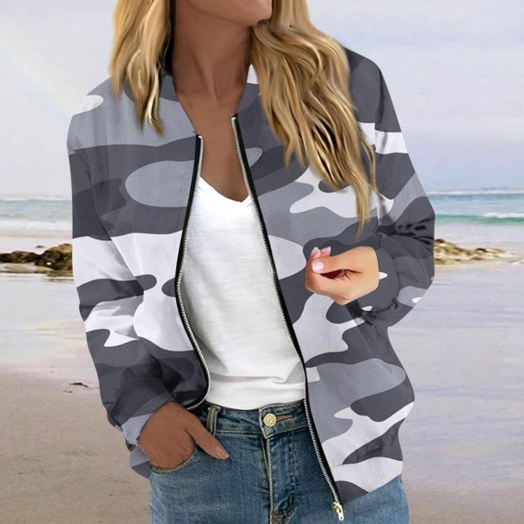 

Женская повседневная куртка на молнии с длинным рукавом, стеганая, с камуфляжным принтом, с карманами S