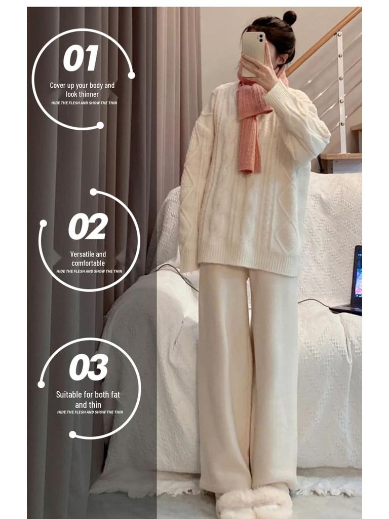 Petite Plus Velvet Corduroy Wide-Leg Pants for Women - High Waist, Loose Fit, Autumn/Winter.