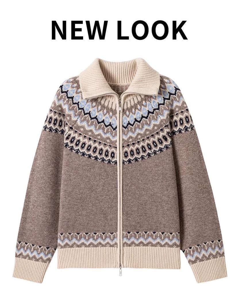 Women's Thickened Fair Isle Pure Wool Cardigan – Loose Knit Sweater Coat for Autumn & Winter