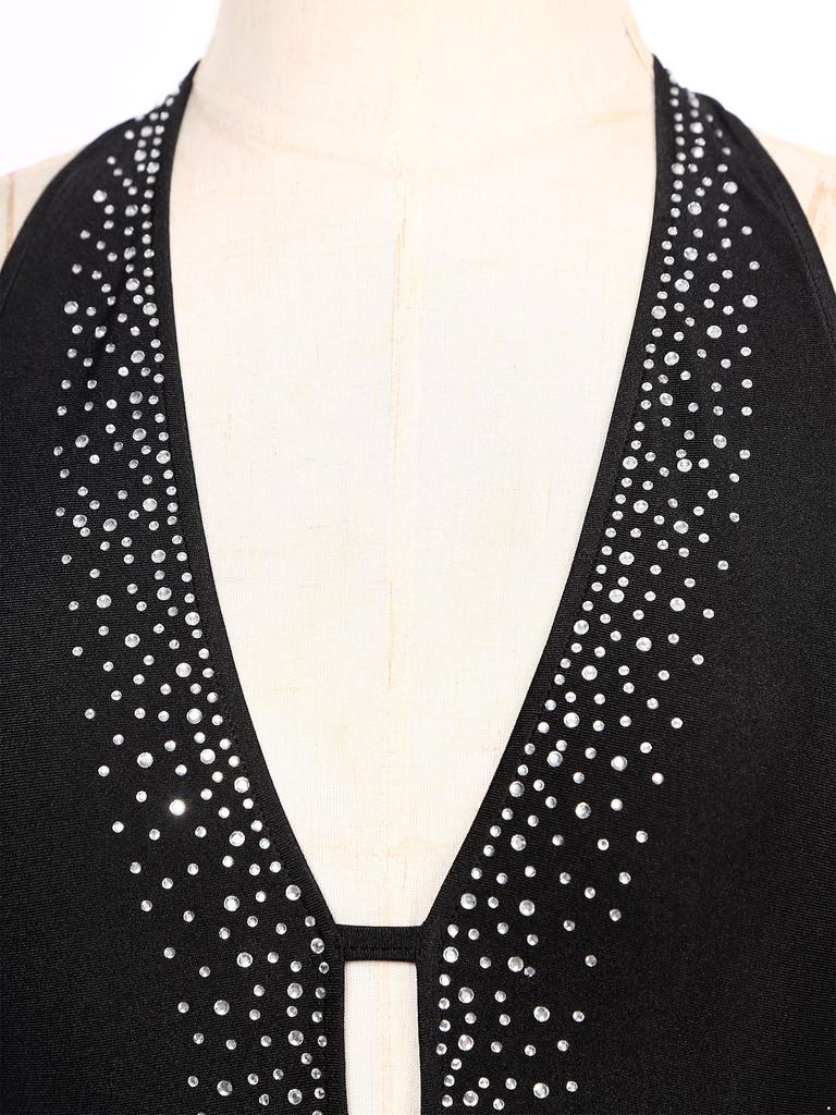 Body da Competizione Danza Latina da Donna S-XXL: Scollo a V Profondo Senza Schiena con Nappa di Strass e Bordi Frangiati per Performance sul Palco