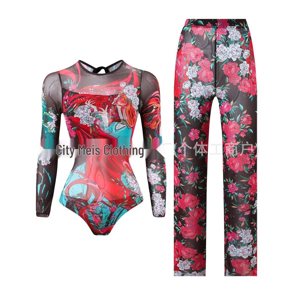 Costume da bagno intero da donna a maniche lunghe in rete con protezione solare e pantaloni