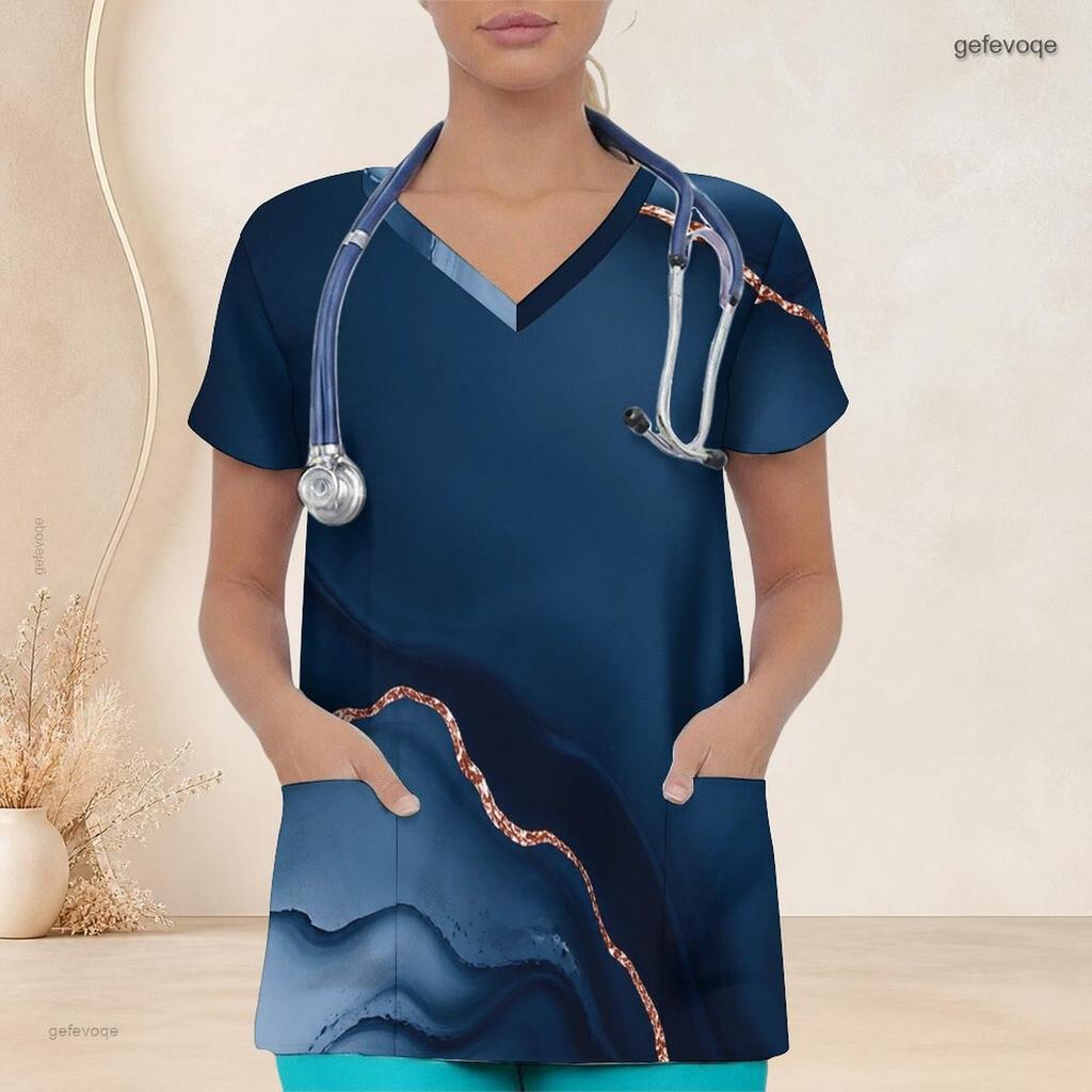 Women Plus Size Navy Blue Printed V Neck Short Sleeve Nurse Scrub Top With Front Pockets