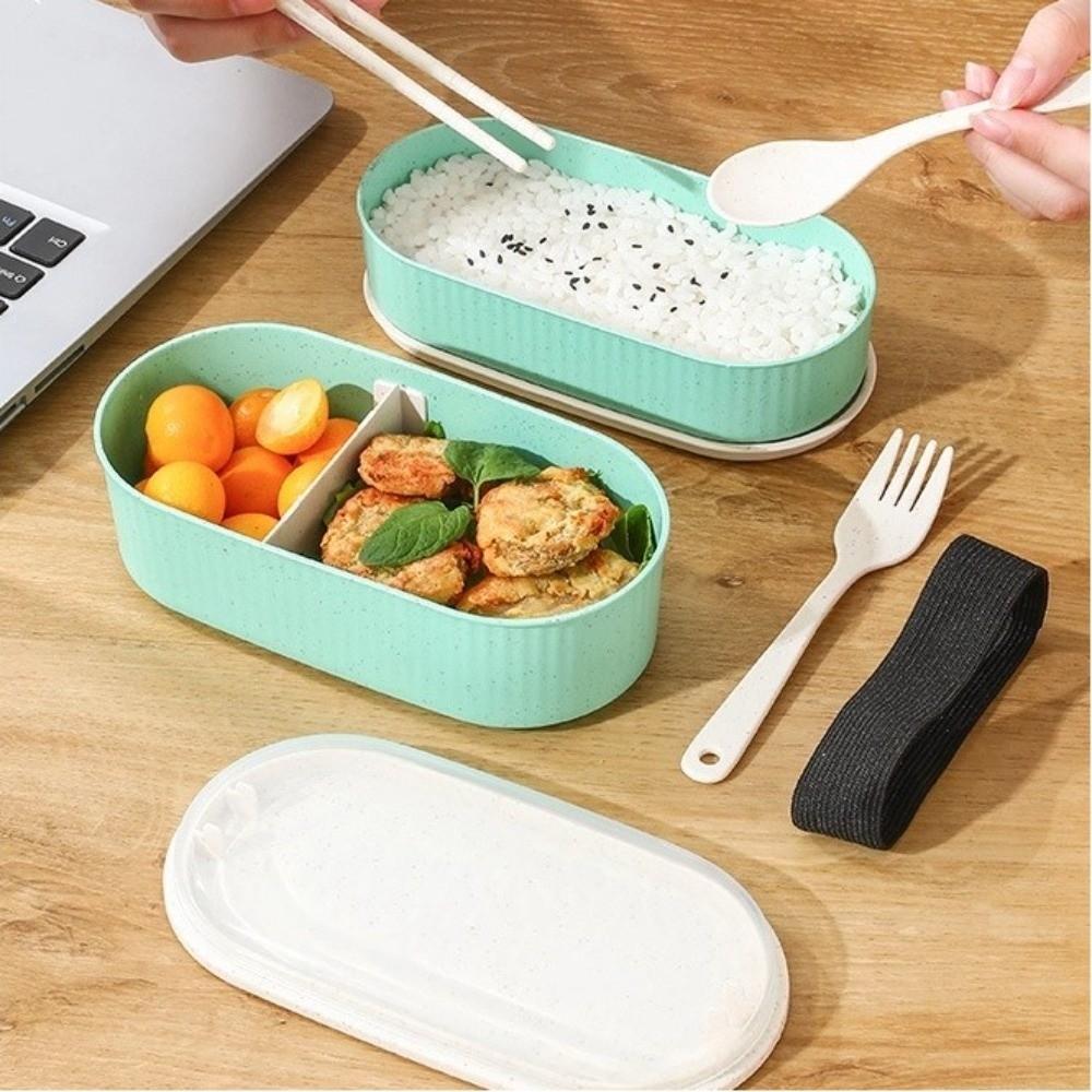 Portable Double Layer Lunch Box with Fork and Spoon Microwave Food Storage Boxes Leakproof High Capacity Dinnerware Set