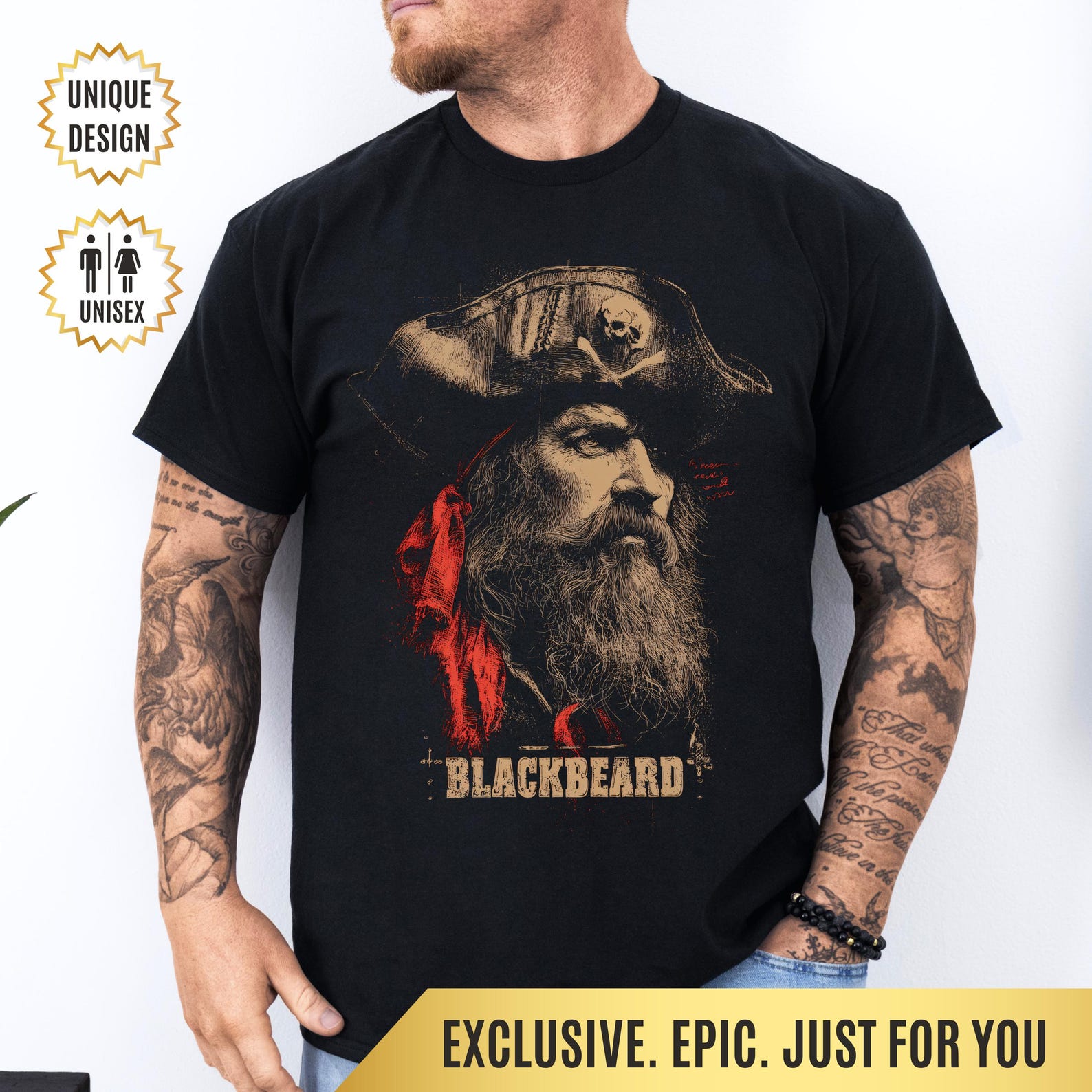 Blackbeard Pirate T-Shirt Gift for Pirate History Lovers, Vintage Skull & Crossbones Tee, Nautical Outlaw Shirt | Historic Pirate Grunge Tee 4XL