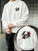 Oversized Crew Neck Sweatshirt, Front And Back Skull with Red Roses Graphic Print Casual Gothic Streetwear Long Sleeve Pullover Unisex for Daily Wear