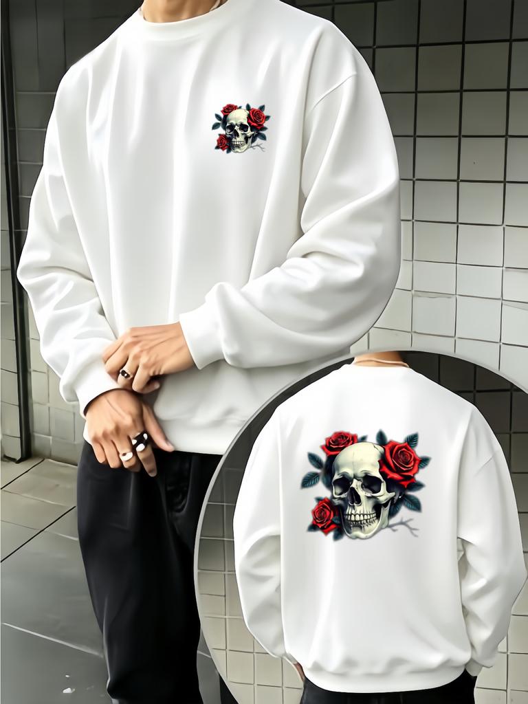 Oversized Crew Neck Sweatshirt, Front And Back Skull with Red Roses Graphic Print Casual Gothic Streetwear Long Sleeve Pullover Unisex for Daily Wear