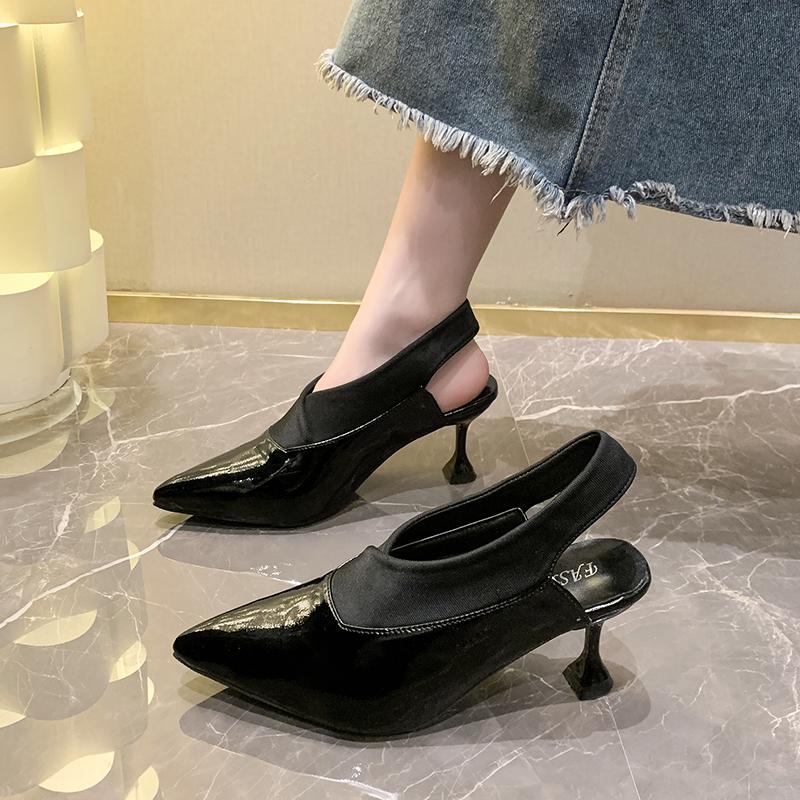 Fashion Beige Heeled Sandals Large Size Shoes Closed Toe 2025 Women's Shallow Mouth Black Big Stiletto Sexy Pointed New Elastic Band