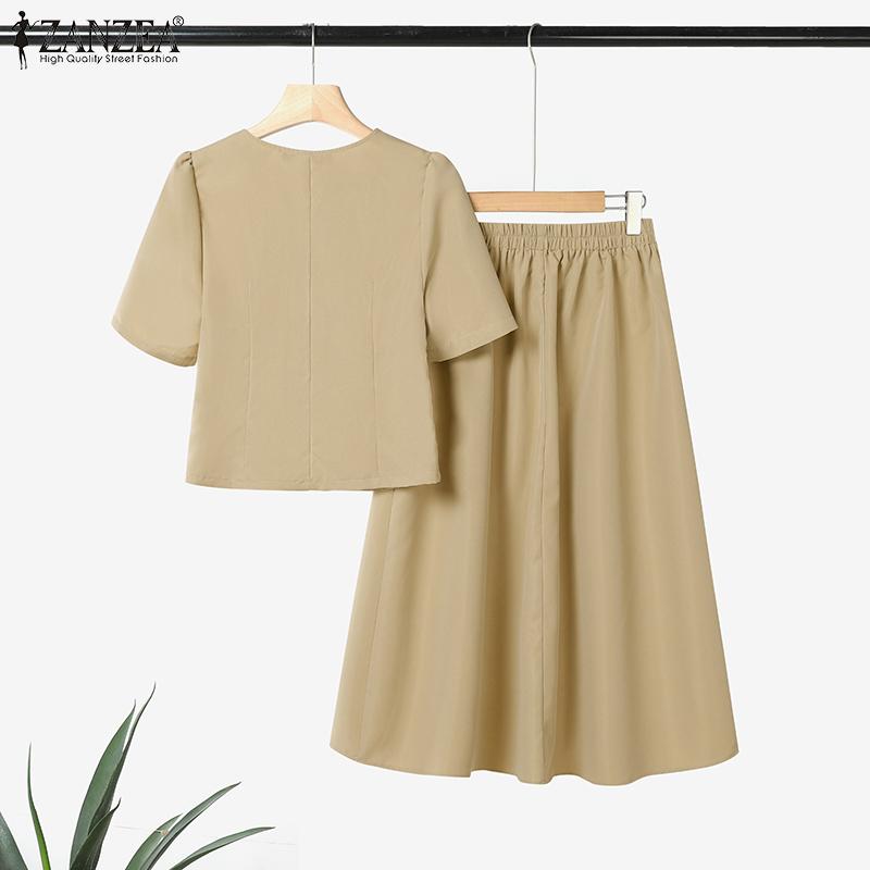 ZANZEA Women Short Sleeve Tops and Skirts Summer Two Piece Suit Sets