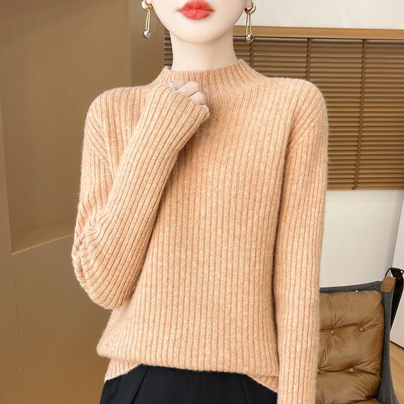 Women's Cashmere Striped Slimming Knit Sweater - Half-High Neck Autumn/Winter Base Layer