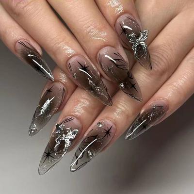 24 Pieces Ice Through Silver Bow Wearing Nail Black Cool Spicy Star Light Diamond Manicure Long Almond Nail Fake Nail Piece