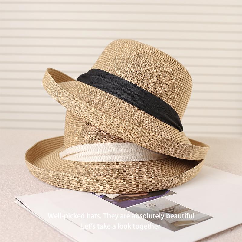 New Trendy Summer Women'S Straw Hat Rolled Edge Bow Breathable Sunscreen Large Eaves Sun Hat Shading Sun Beach Seaside Cap
