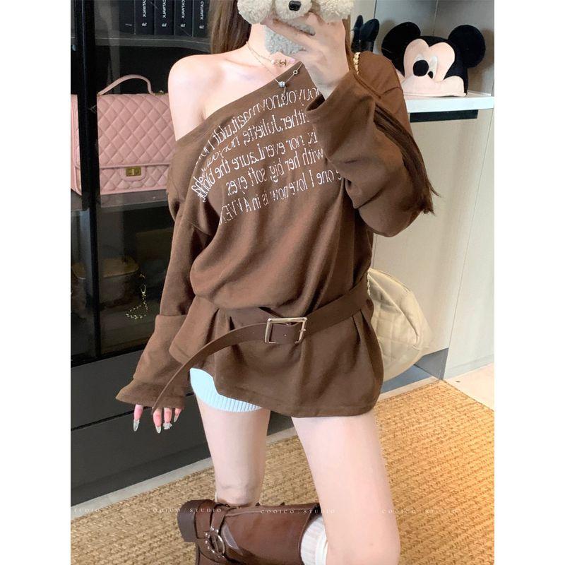 Kumikumi Design Sense Solid Temperament Letters Print Long sleeves Shirt Women Autumn Waist Hugging Slimming Sloping Shoulder Top