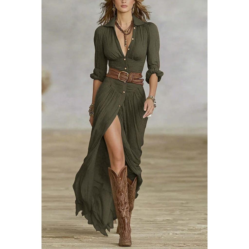 Autumn Sexy Solid Color Irregular Ruched Dress With Belt For Women European American Style