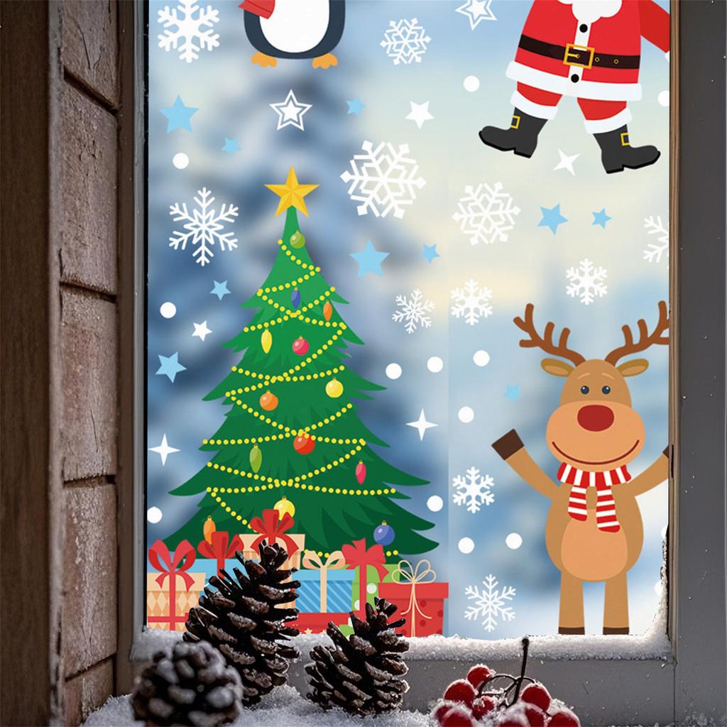 Festive Christmas Tree Window Clings 8 Sheets Adorable Santa Claus Snowflake Pattern Window Stickers for Office Store Home