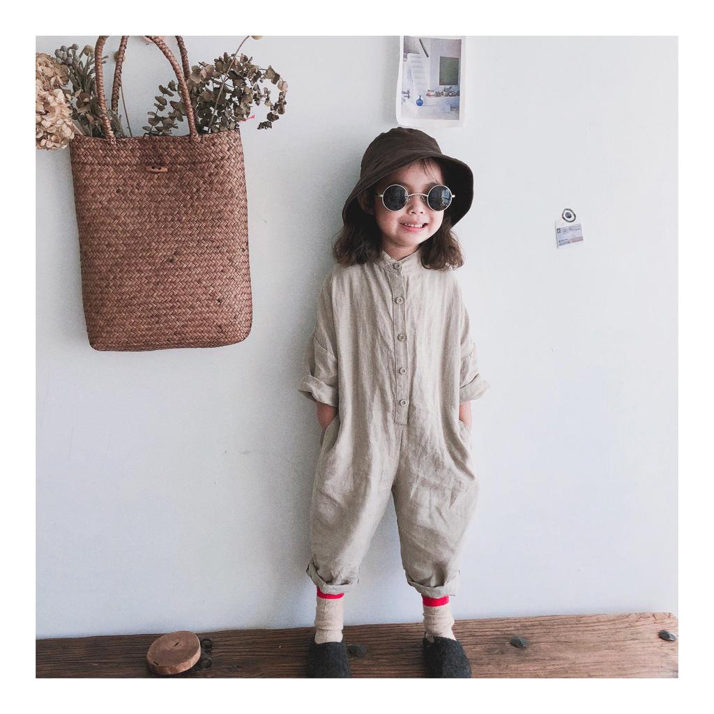 Korean-Style Linen Jumpsuit for Kids - Long Sleeve, Solid Color, Buttoned, Unisex, Loose Fit
