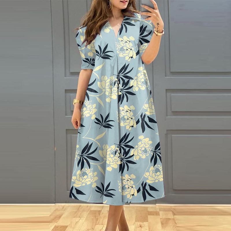 

Женское повседневное платье с цветочным принтом ZANZEA с коротким рукавом XL синий