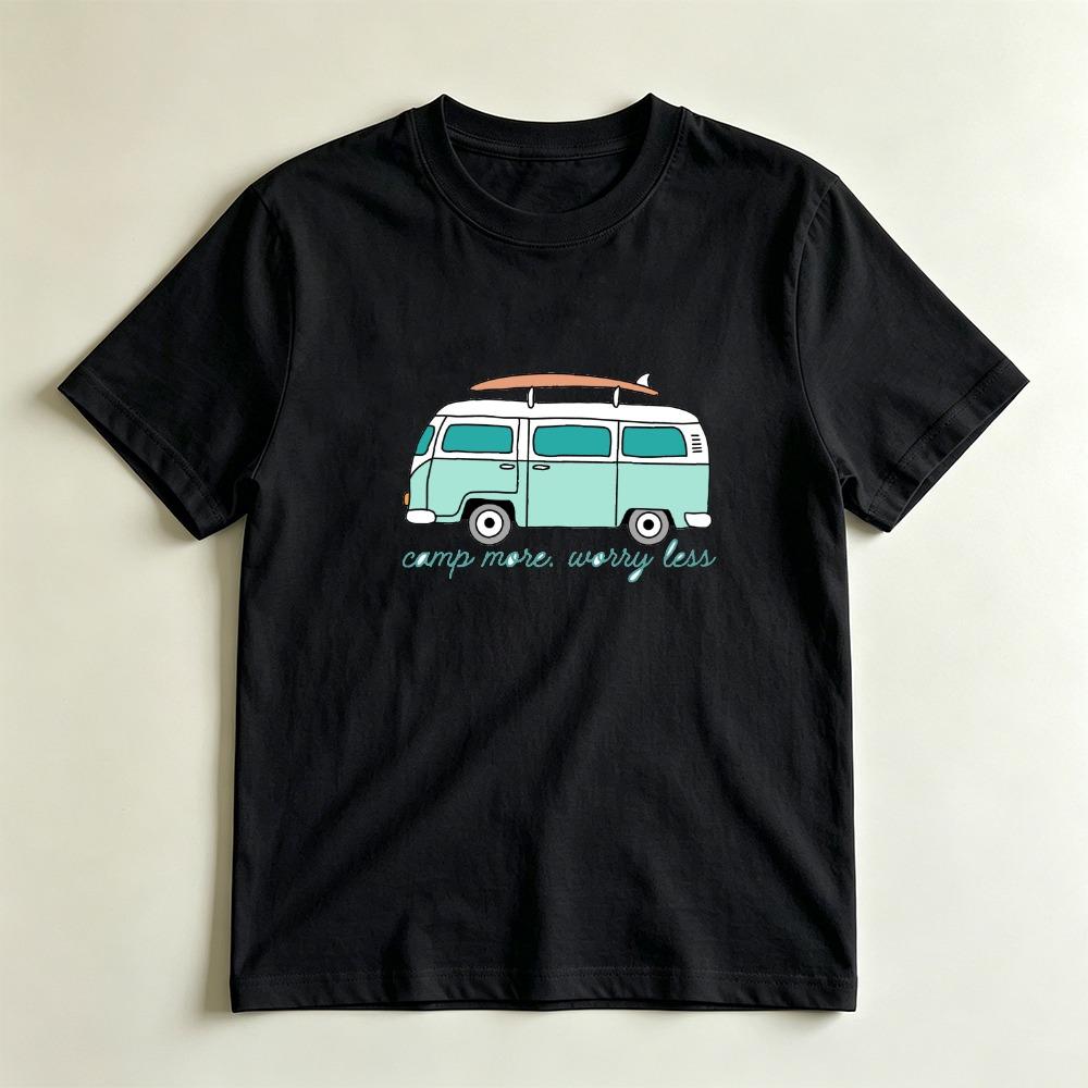 Camp More Worry Less Retro Surf Van Casual Graphic TShirt Beach Camping Lover Gift Tshirt Summer Vibe Adventure Casual Shirt S