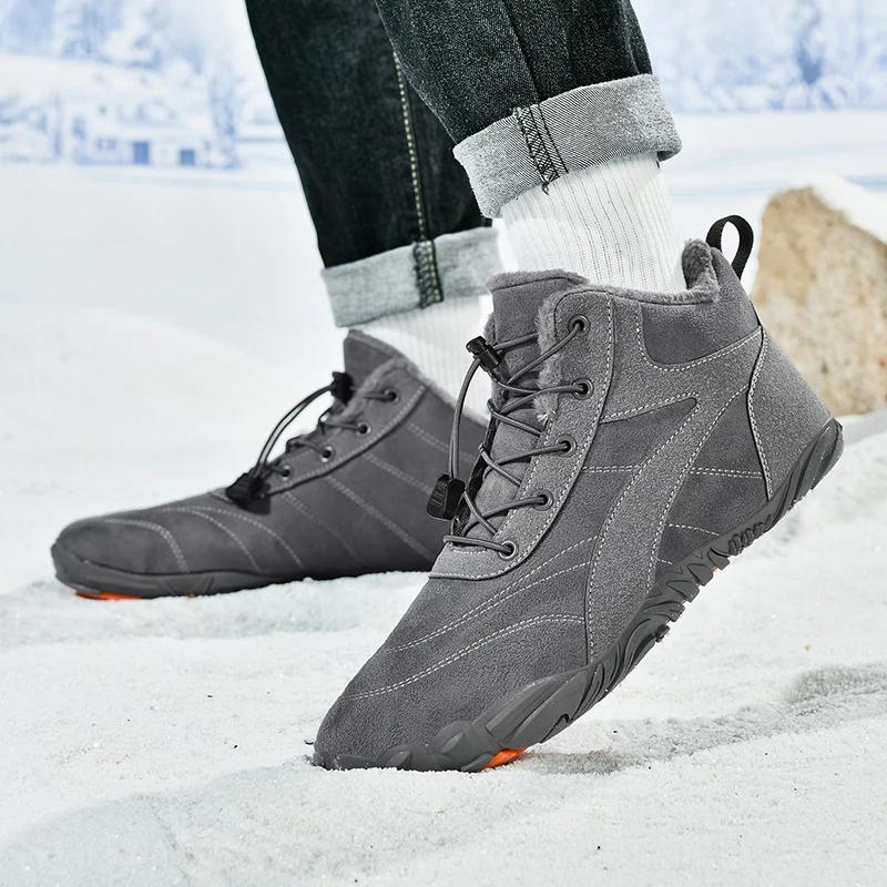 Zbrusu nové zimní boty pro muže ženy sněhové bosé venkovní protiskluzové teplé kožešinové ležérní tenisky plus velikost kotníkové boty turistické boty