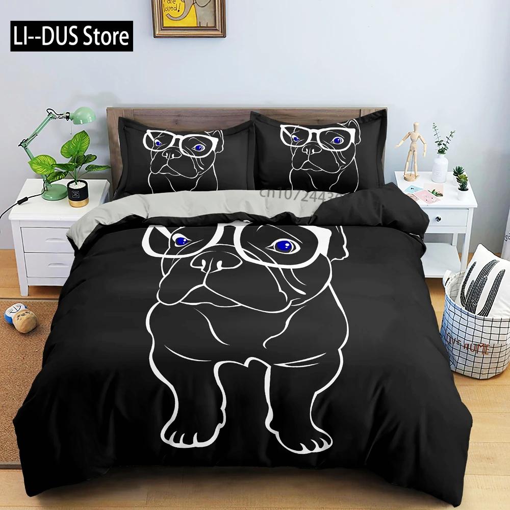Cartoon Bulldog Duvet Cover Set Pillowcase Single King Full Size Bedding Set for Bedroom Decor Microfiber 3PCS Comforter Cover