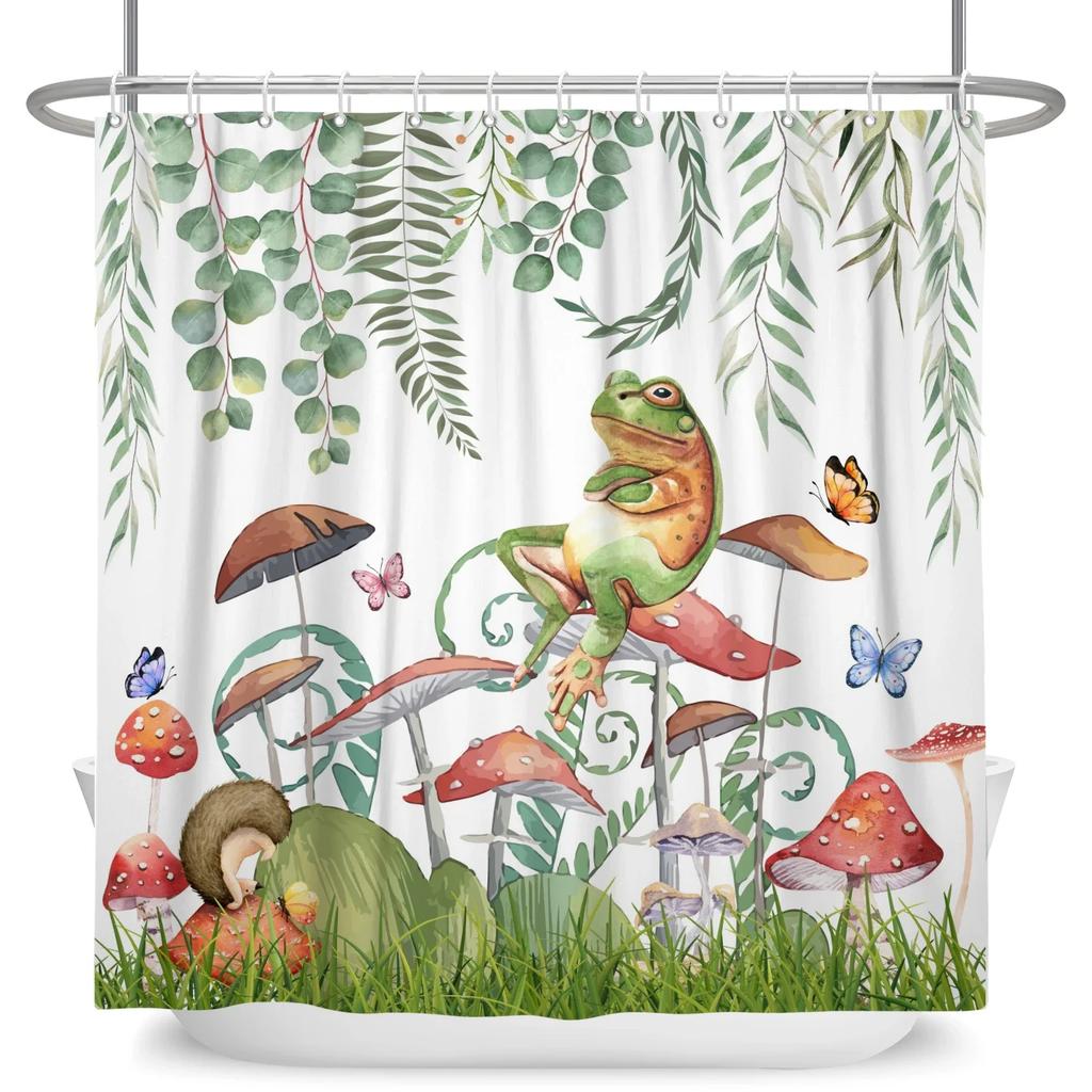 Funny Frog Cartoon Shower Curtain Sets Leaf Animal Creative Children Bathroom Decor Waterproof Fabric Home Hooks Bath Curtains