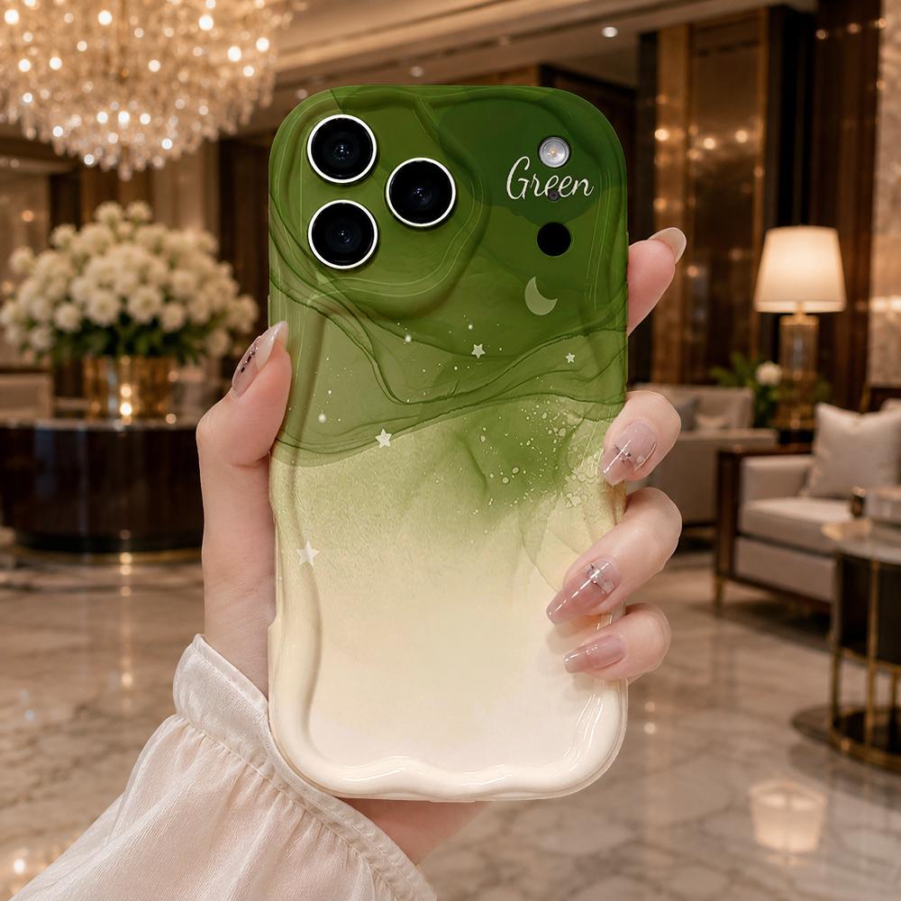 Gradient Green Ink Fluid Moon Star Phone Case For iPhone 16 15 14 Pro Max 13 12 Wavy Edge Soft Cover