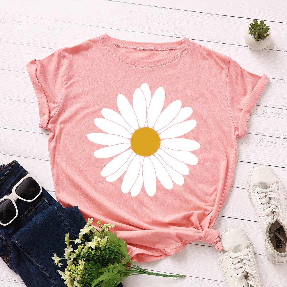 Big Sun Flower Cotton T-Shirt Short Sleeve Round Neck Women 2d Print Tops