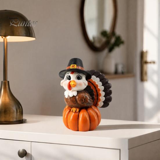 Festive Pumpkin Figurine for Display Resin Turkey Ornament Thanksgiving, Autumn Harvest Tabletop Small Thanksgiving Table with Retro Hat Home