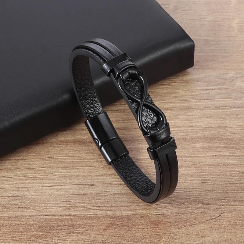 

Classic Infinity Logo Single Layer Leather Bracelet with Magnetic Clasp Men s Fashion Business Casual Party Jewelry Gift